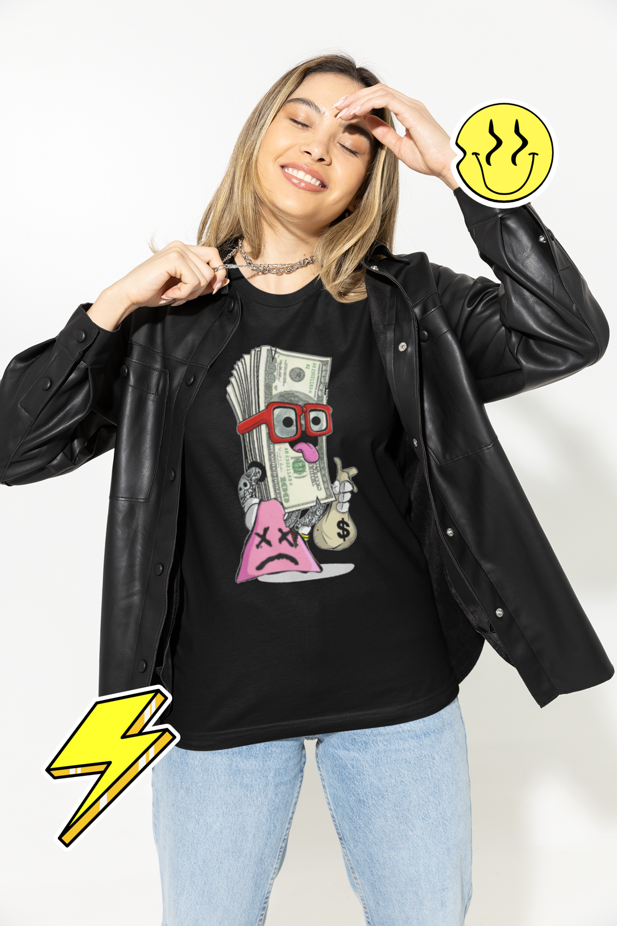 Person wearing a black t-shirt with a graphic design, standing against a white background