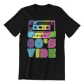 Black t-shirt with a colorful cassette tape design and '80s Vibe' text on a white background