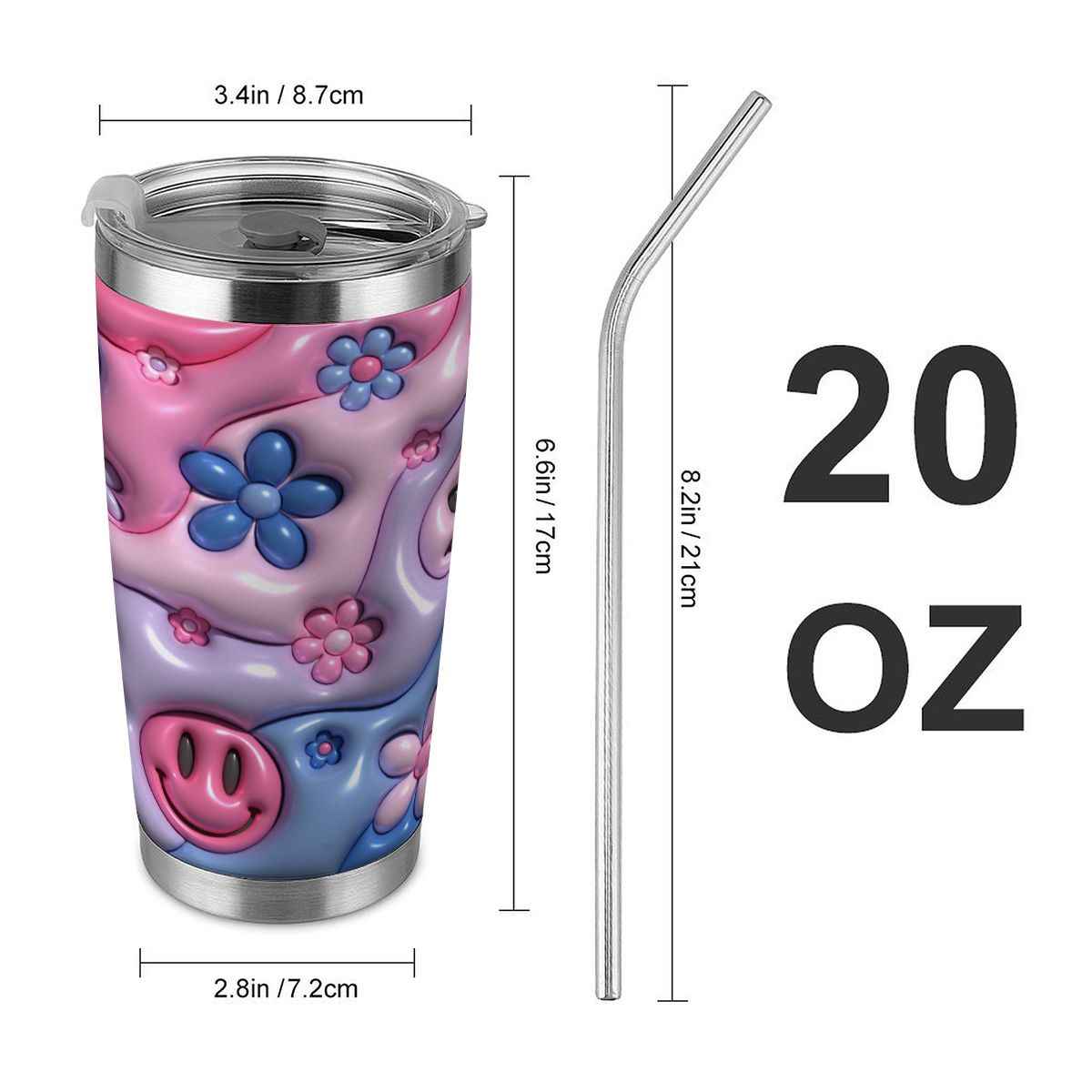 20oz Tumbler with Lid and Straw (Made in USA) Inflated Smiley Floral 20oz Tumbler