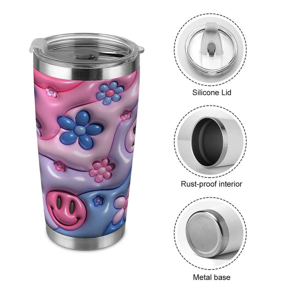 20oz Tumbler with Lid and Straw (Made in USA) Inflated Smiley Floral 20oz Tumbler