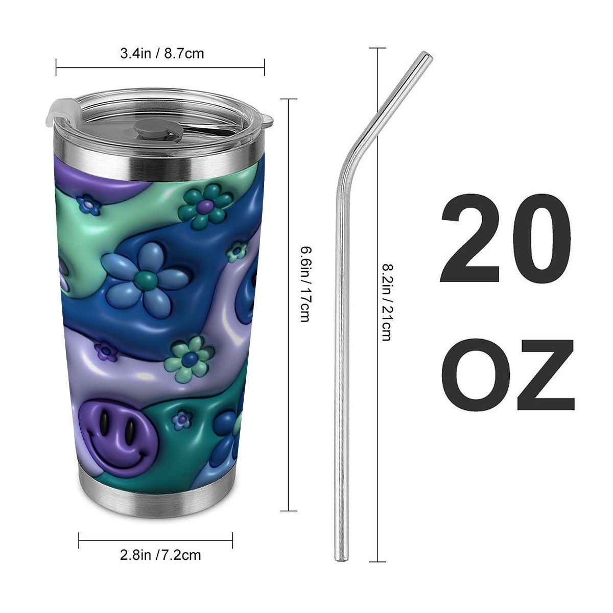 20oz Tumbler with Lid and Straw (Made in USA) Inflated Smiley Floral 20oz Tumbler