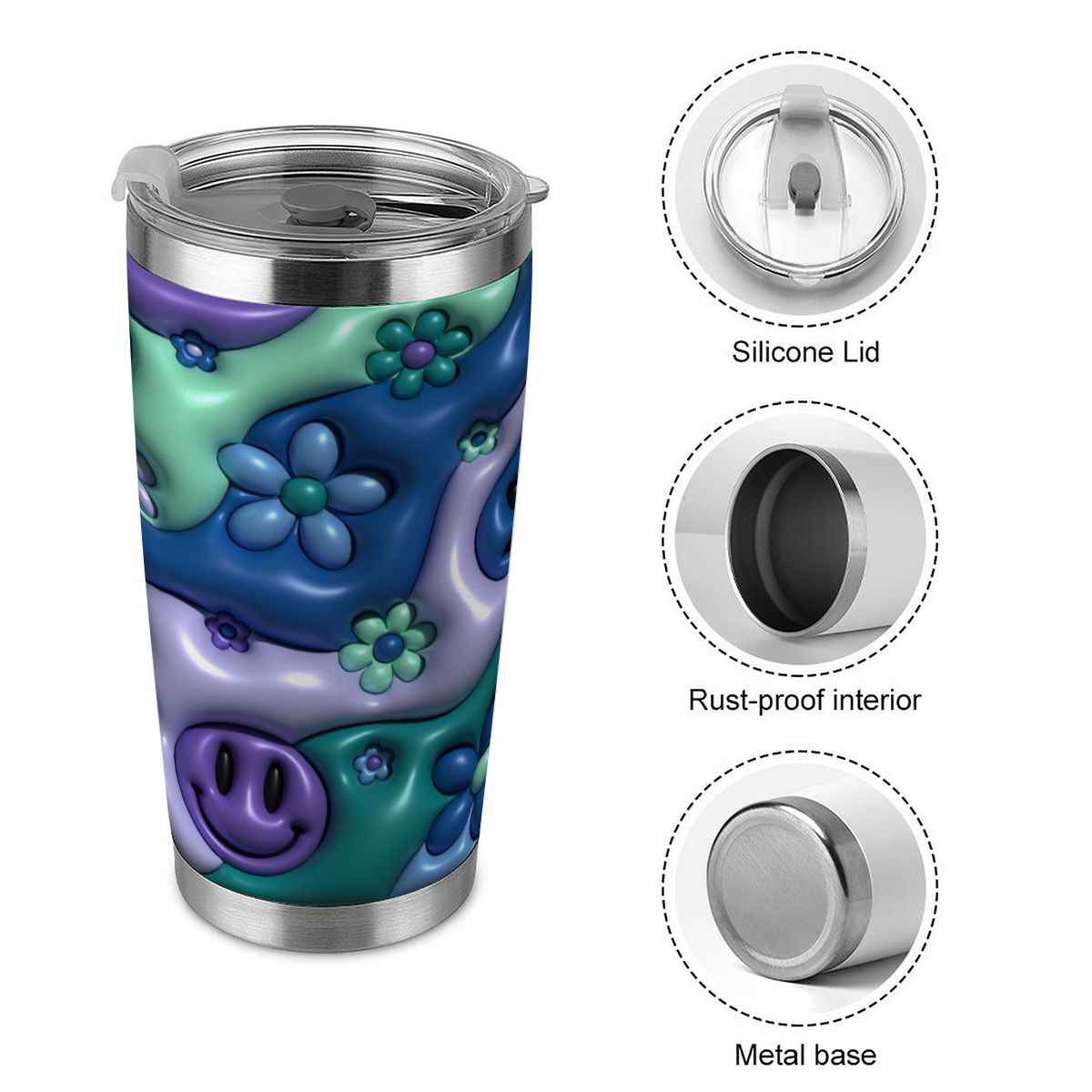 20oz Tumbler with Lid and Straw (Made in USA) Inflated Smiley Floral 20oz Tumbler