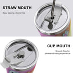 Two views of a tumbler lid with straw and cup mouth designs on a white background.