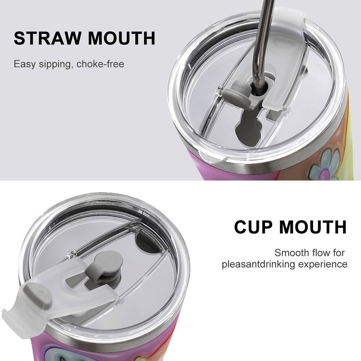 Two views of a tumbler lid with straw and cup mouth designs on a white background.