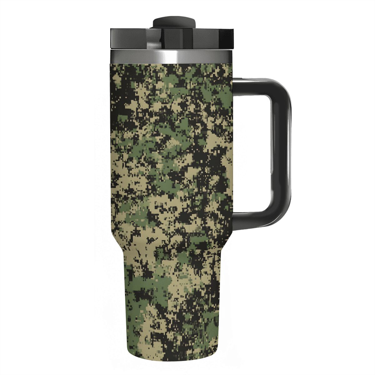 Camouflage-patterned travel mug with a black handle on a white background