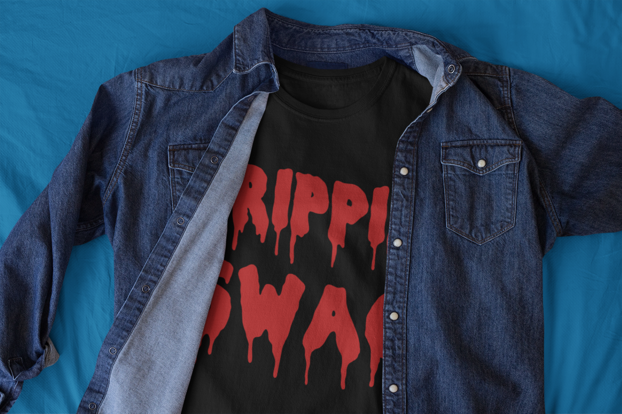 Black t-shirt with red text 'RIPPLE ECHO' on a blue background