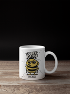 A white ceramic coffee mug with a cartoon bee graphic and the text 'WHY THE BEE-CAUSE I'M COOL' printed on the side, set on a wooden surface against a black background.