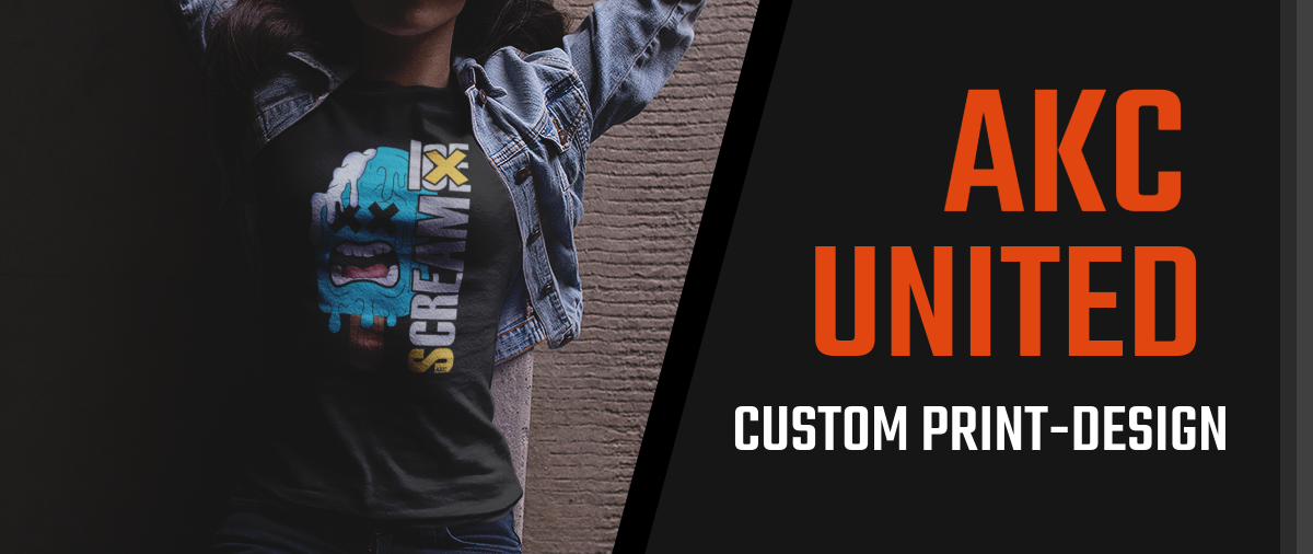 Person wearing a shirt with 'Screaming' design and denim jacket, standing against a textured wall. AKC UNITED text on a black background.