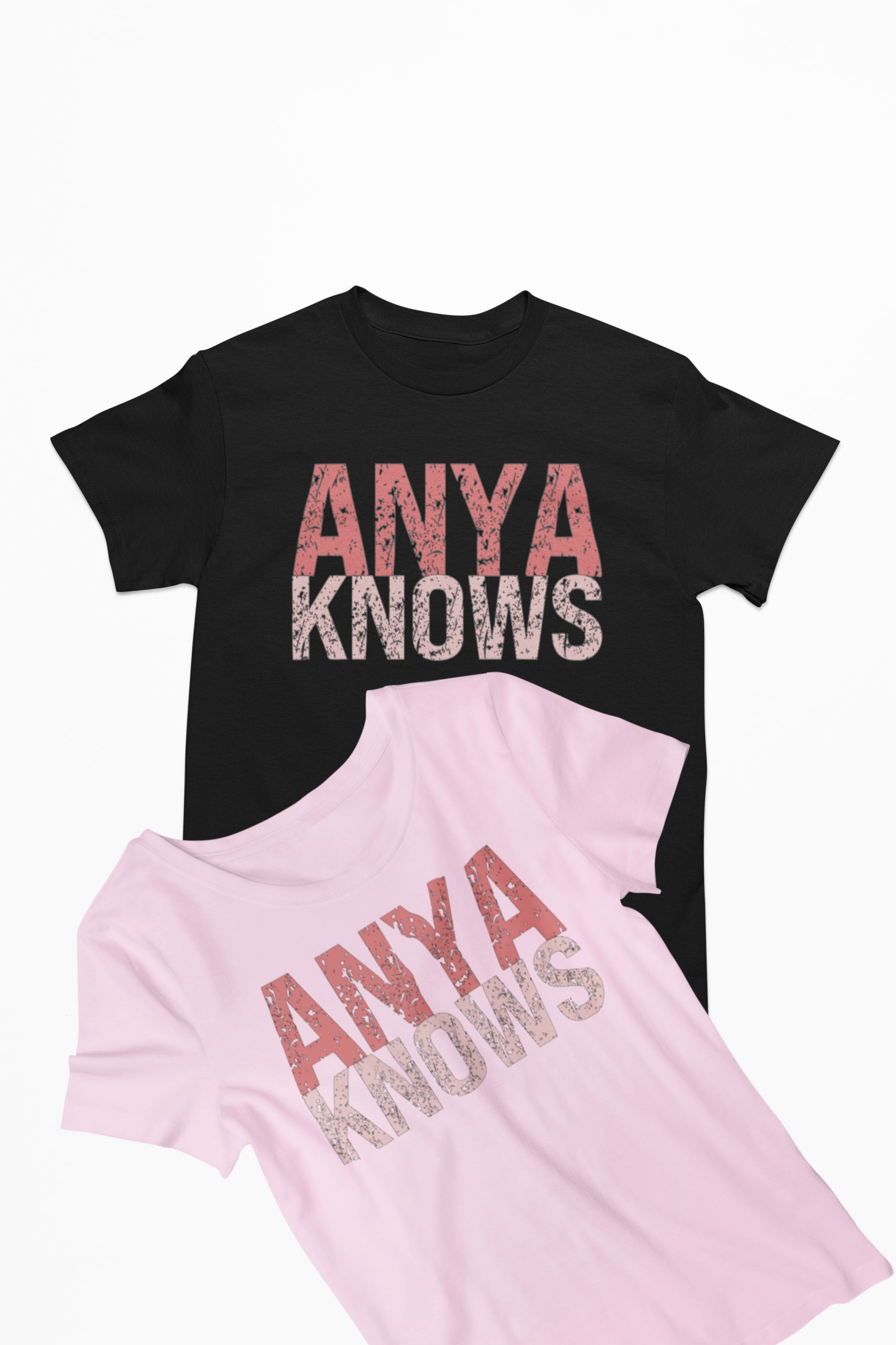 Black and pink t-shirts with 'ANYA KNOWS' text on a white background