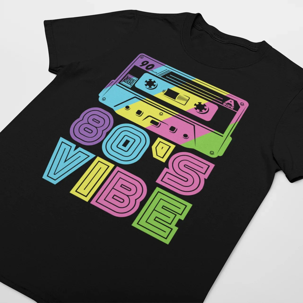 80's Vibe Retro Cassette T-Shirt, Black, Rainbow Graphic Design -- 974721R-15
