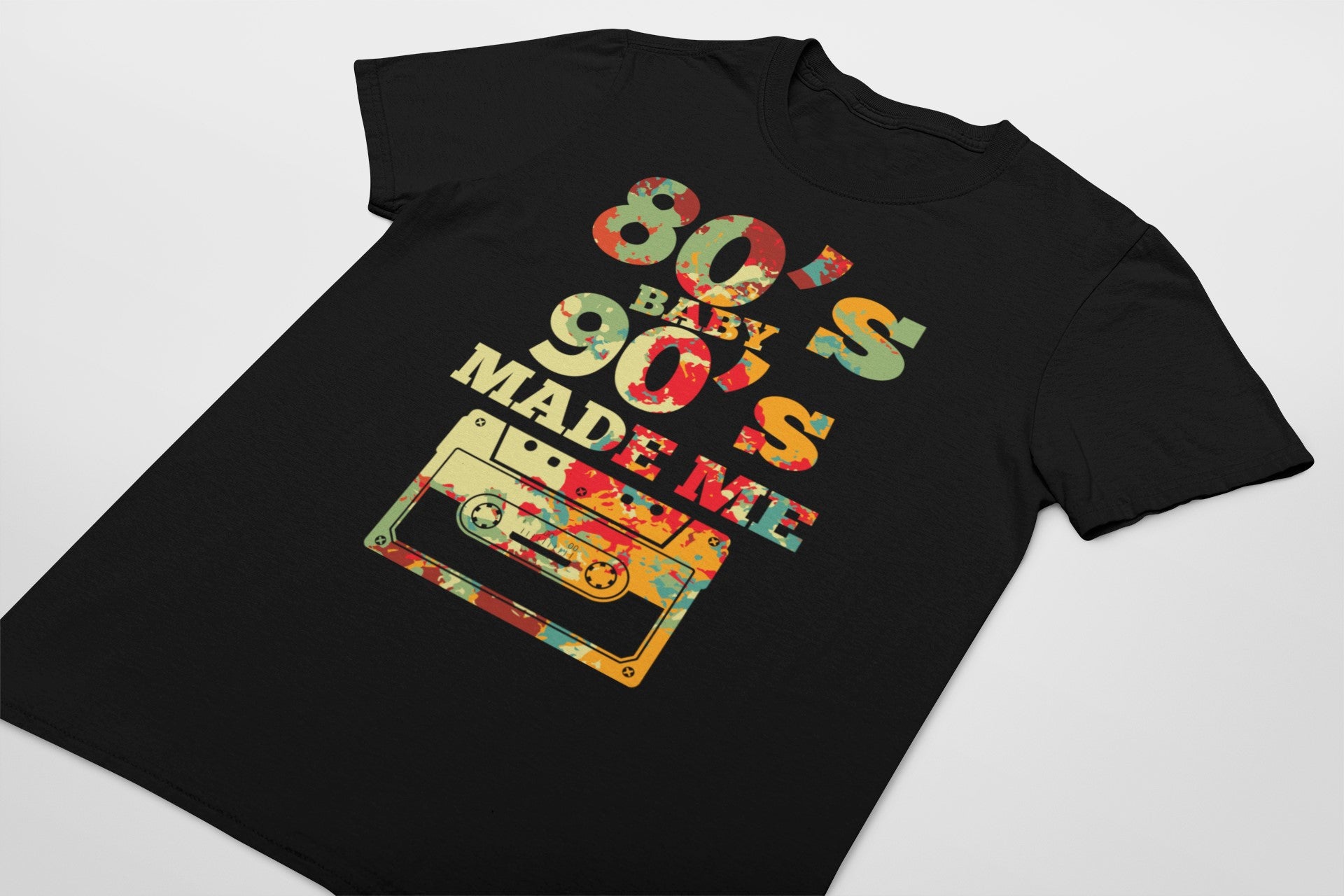 Black t-shirt with colorful '80s and 90s' design on a white background