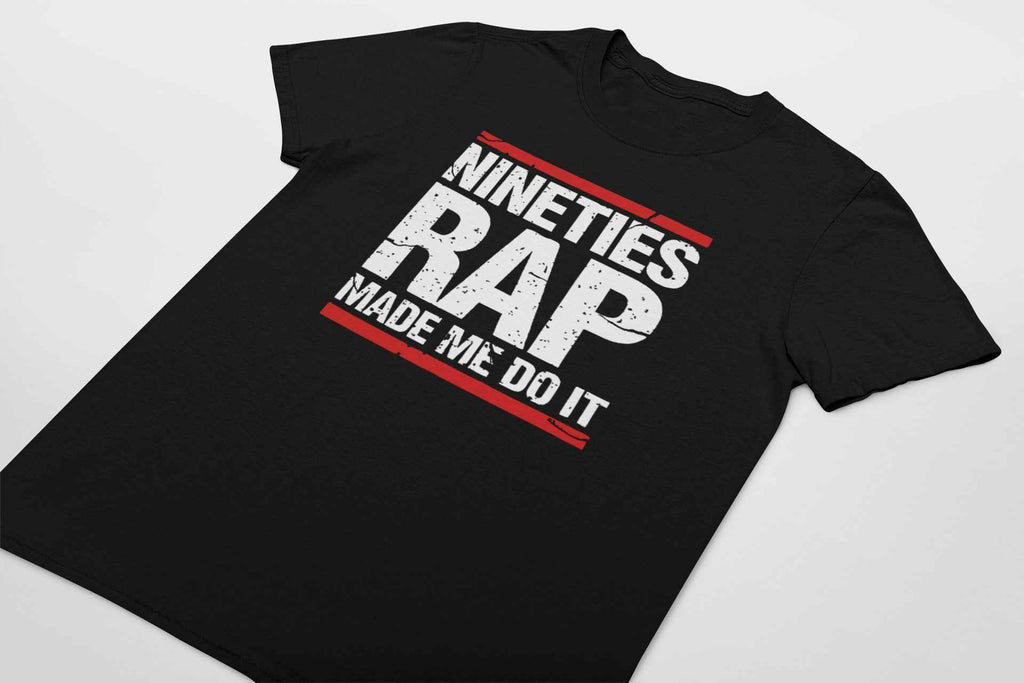 Nineties Rap T-Shirt, Made Me Do It Graphic Design, Black Cotton, Hip-Hop Music Fan Apparel