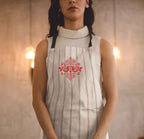 Folklore Design Embroidered Canvas Apron, Striped Kitchen Apron with Red Folk Art Motif