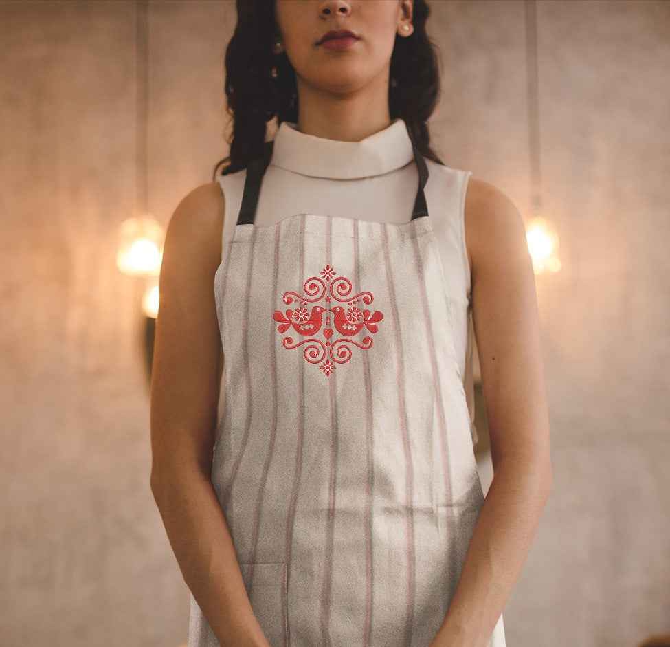 Folklore Design Embroidered Canvas Apron, Striped Kitchen Apron with Red Folk Art Motif