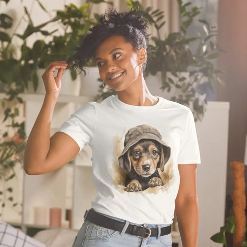 Woman wearing a white t-shirt with a dog graphic, standing indoors with plants in the background.