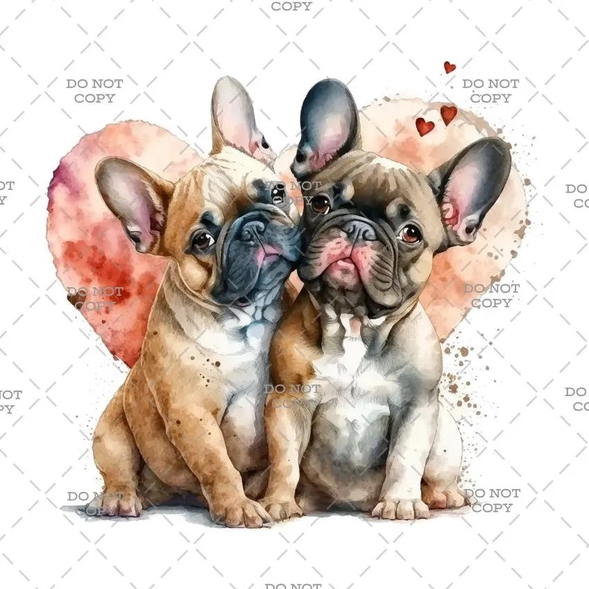 Two French Bulldogs sitting together with a heart-shaped background