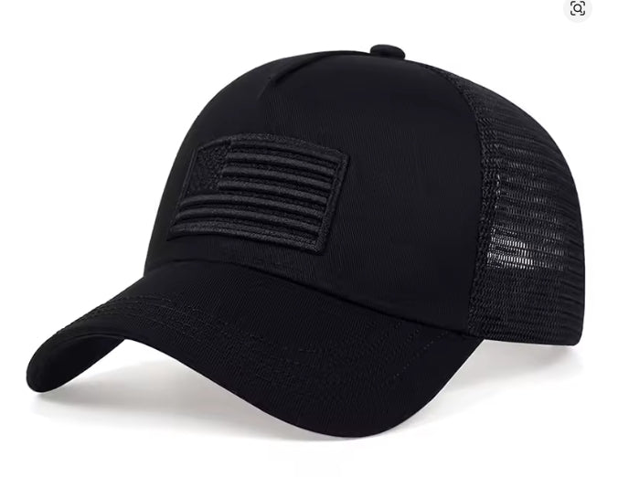 Black mesh cap with an American flag patch on a white background