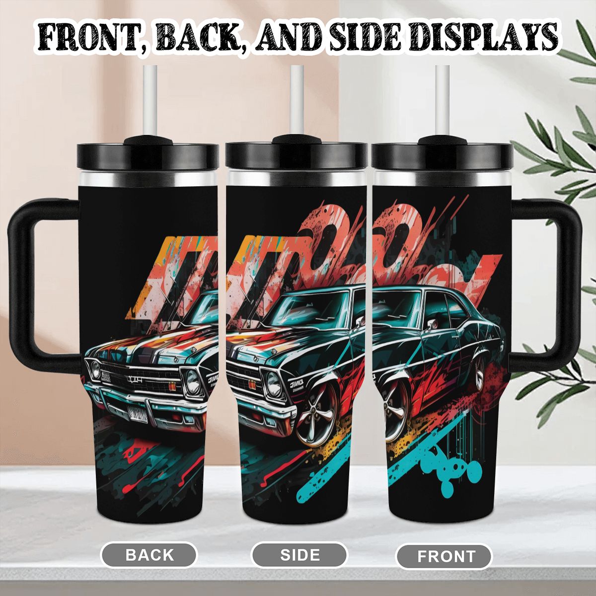 Three views of a tumbler with a car design on a neutral background