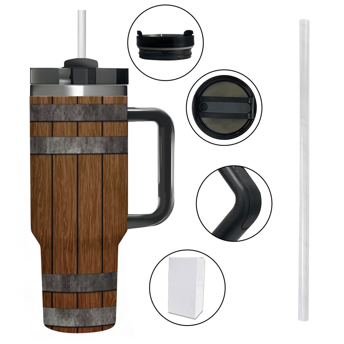 Wooden-patterned travel mug with handle and straw on a white background