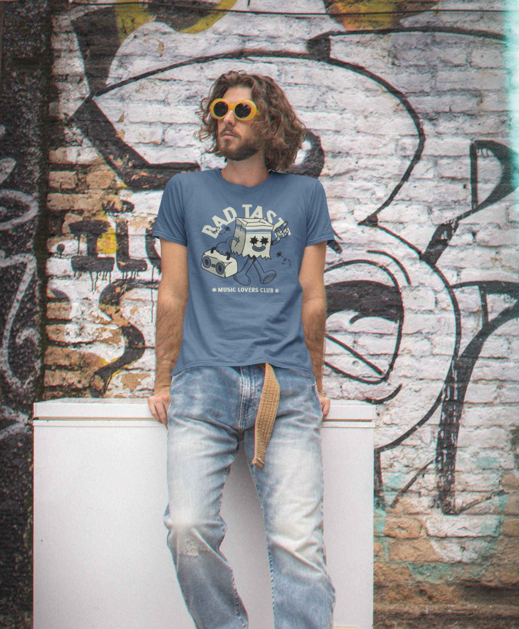 Bad Taste Music Lovers Club T-Shirt, Cotton Crew Neck, Size Medium, Indigo Blue