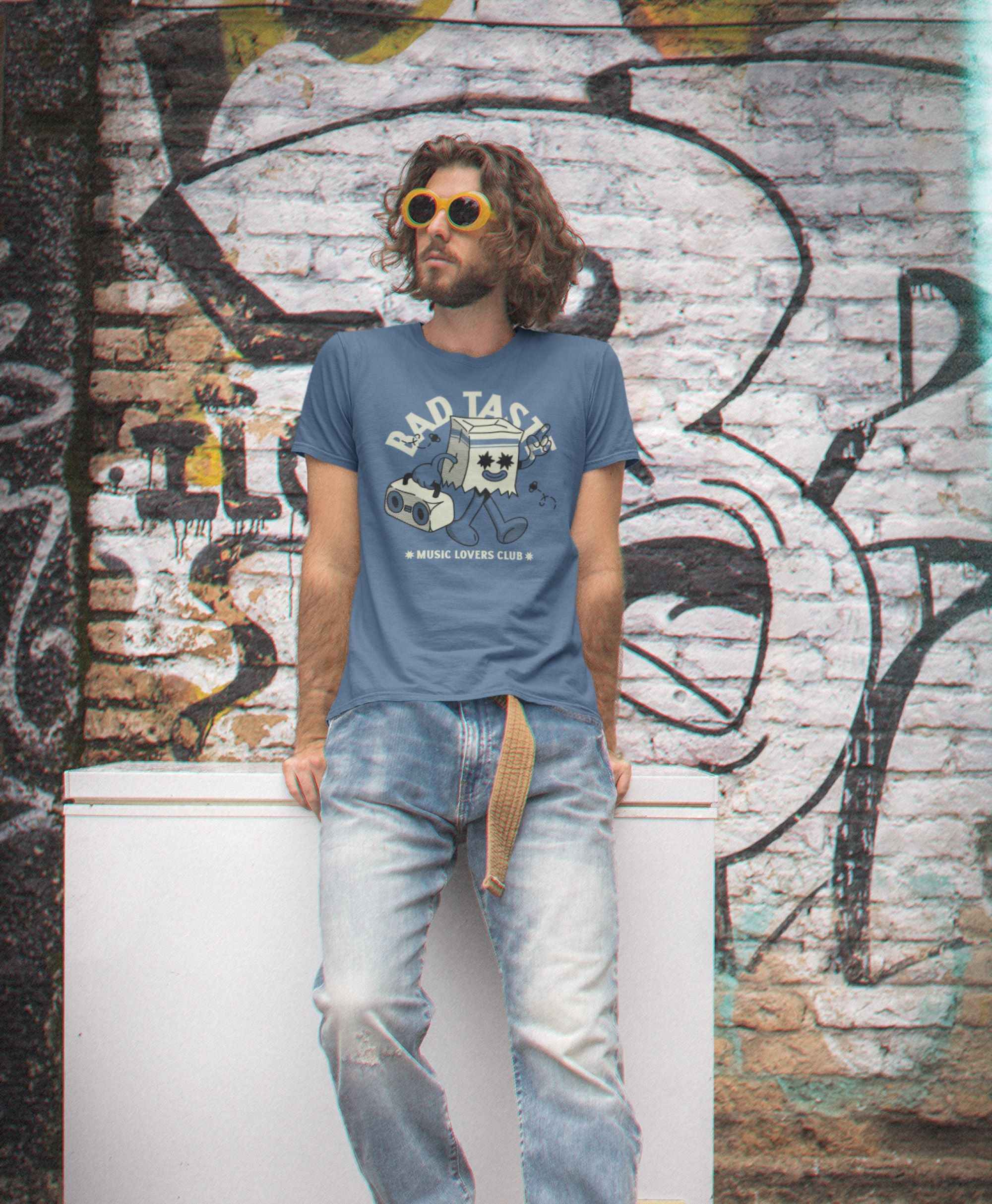 Bad Taste Music Lovers Club T-Shirt, Cotton Crew Neck, Size Medium, Indigo Blue