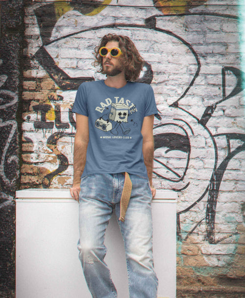 Bad Taste Music Lovers Club T-Shirt, Cotton Crew Neck, Size Medium, Indigo Blue