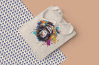 Tote bag with colorful monkey design on a patterned surface