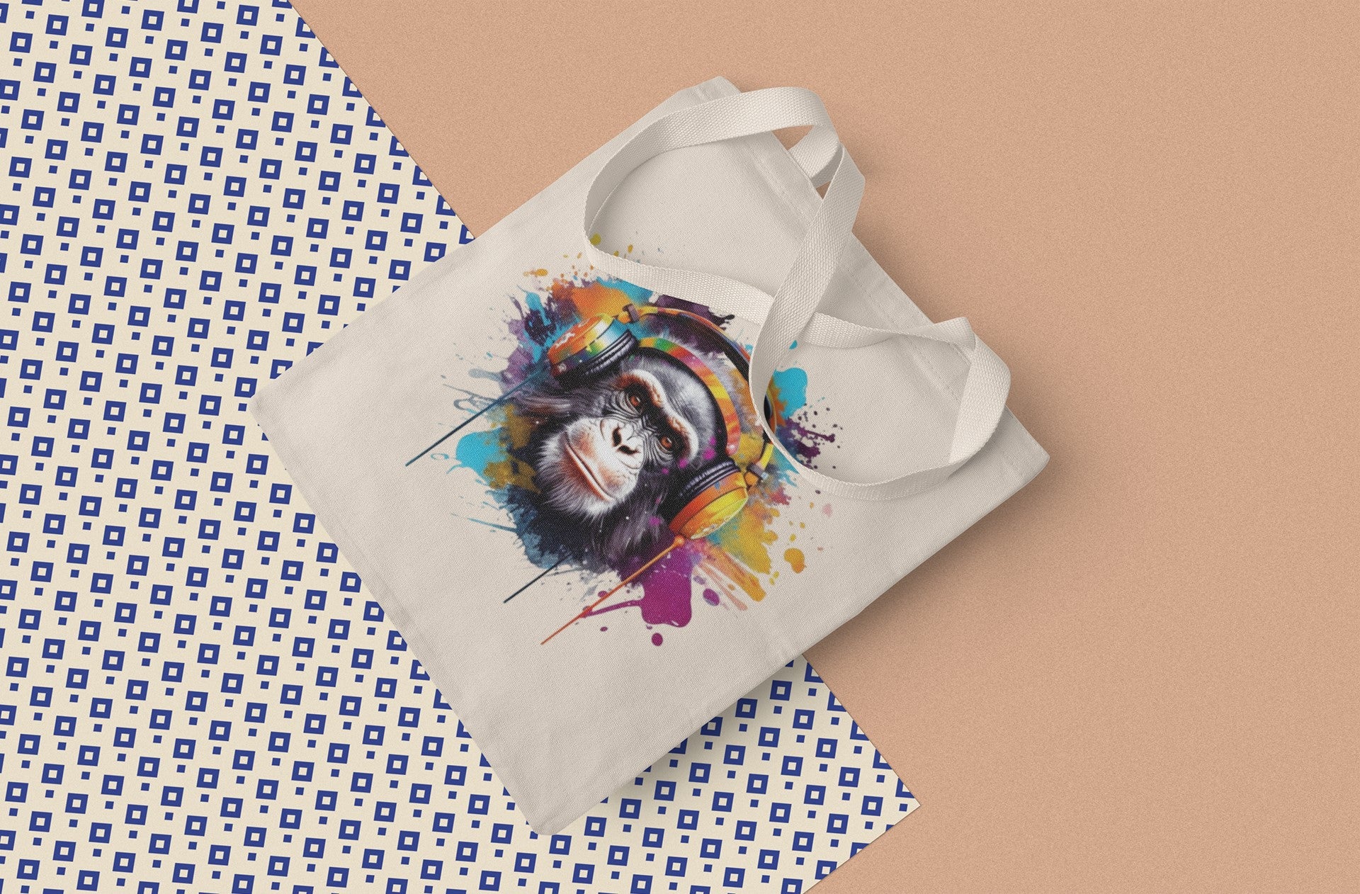 Cool Monkey Canvas Tote Bag, Colorful Headphones Design, Natural Cotton, Splash Art Style, Reusable Shopping Bag