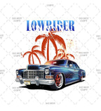 Lowrider car with palm trees and 'Lowrider' text on a white background