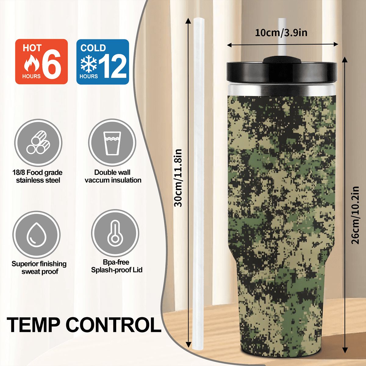 Camouflage-patterned tumbler with temperature control features and dimensions displayed.