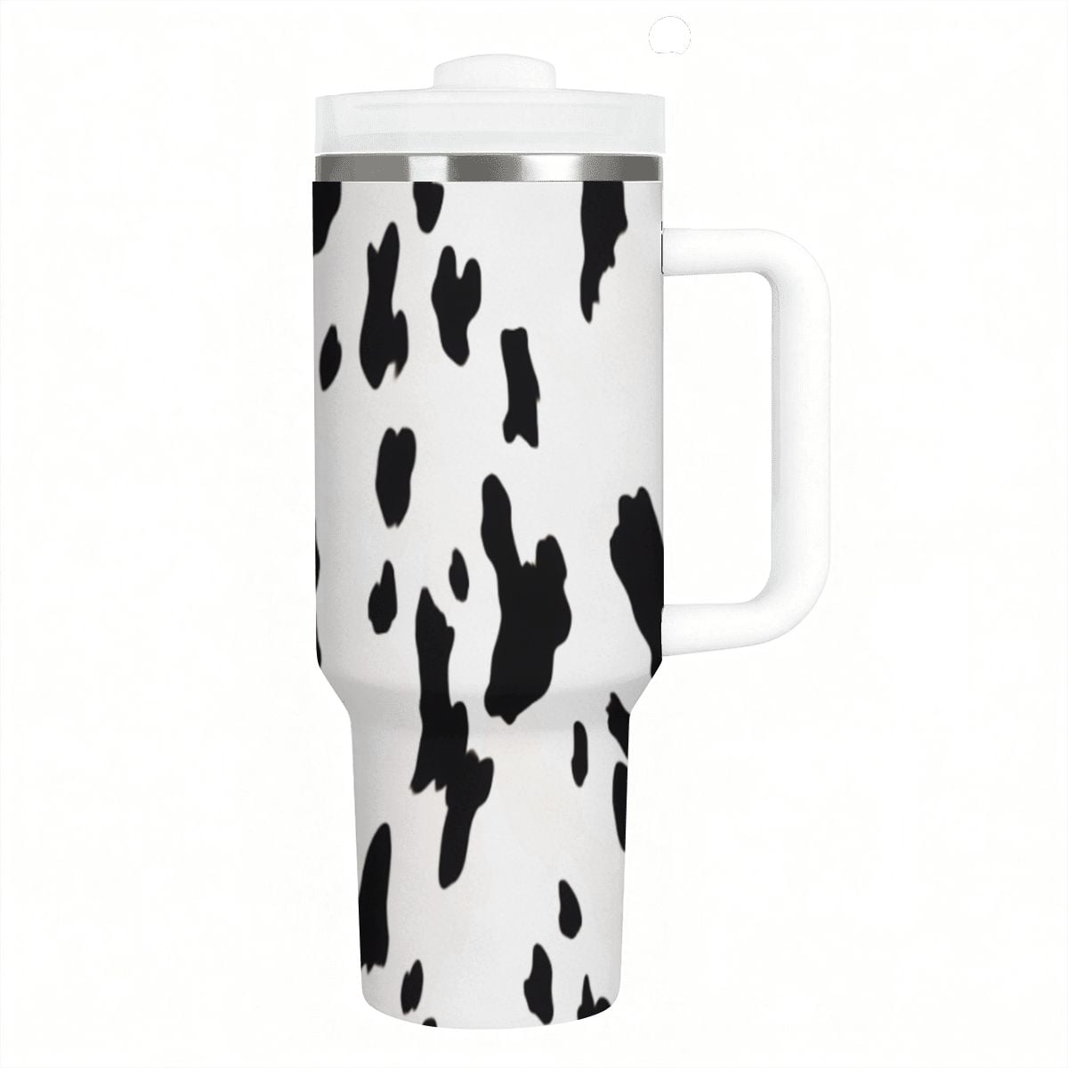 Travel mug with black cow print pattern on a white background