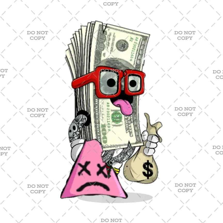 Cartoon character with money, glasses, and a sad triangle face on a white background with 'DO NOT COPY' text.