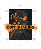 Stylized graphic of a soldier with 'Duty is Calling' text on a black background.