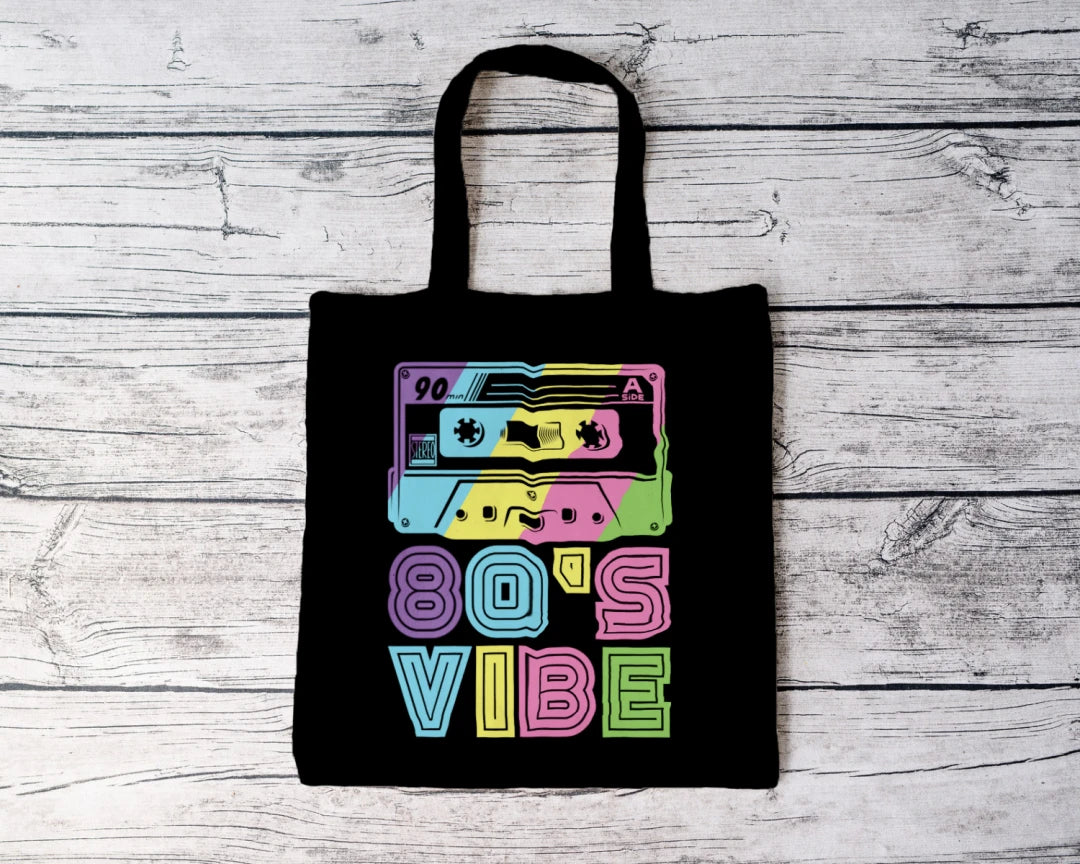 80's Vibe Reusable Shopping Tote Bag, Black with Colorful Cassette Tape Design