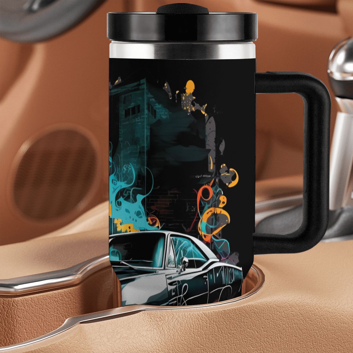 Black travel mug with artistic design on a car seat