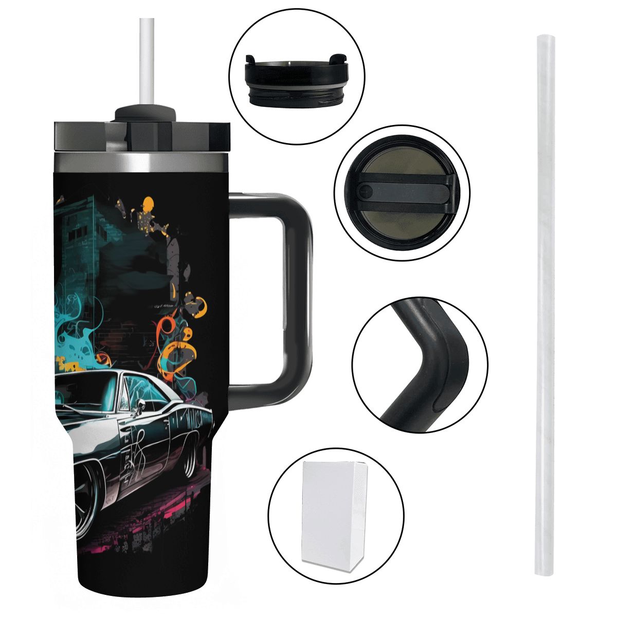 Travel mug with handle and detailed design, surrounded by close-up insets on a white background