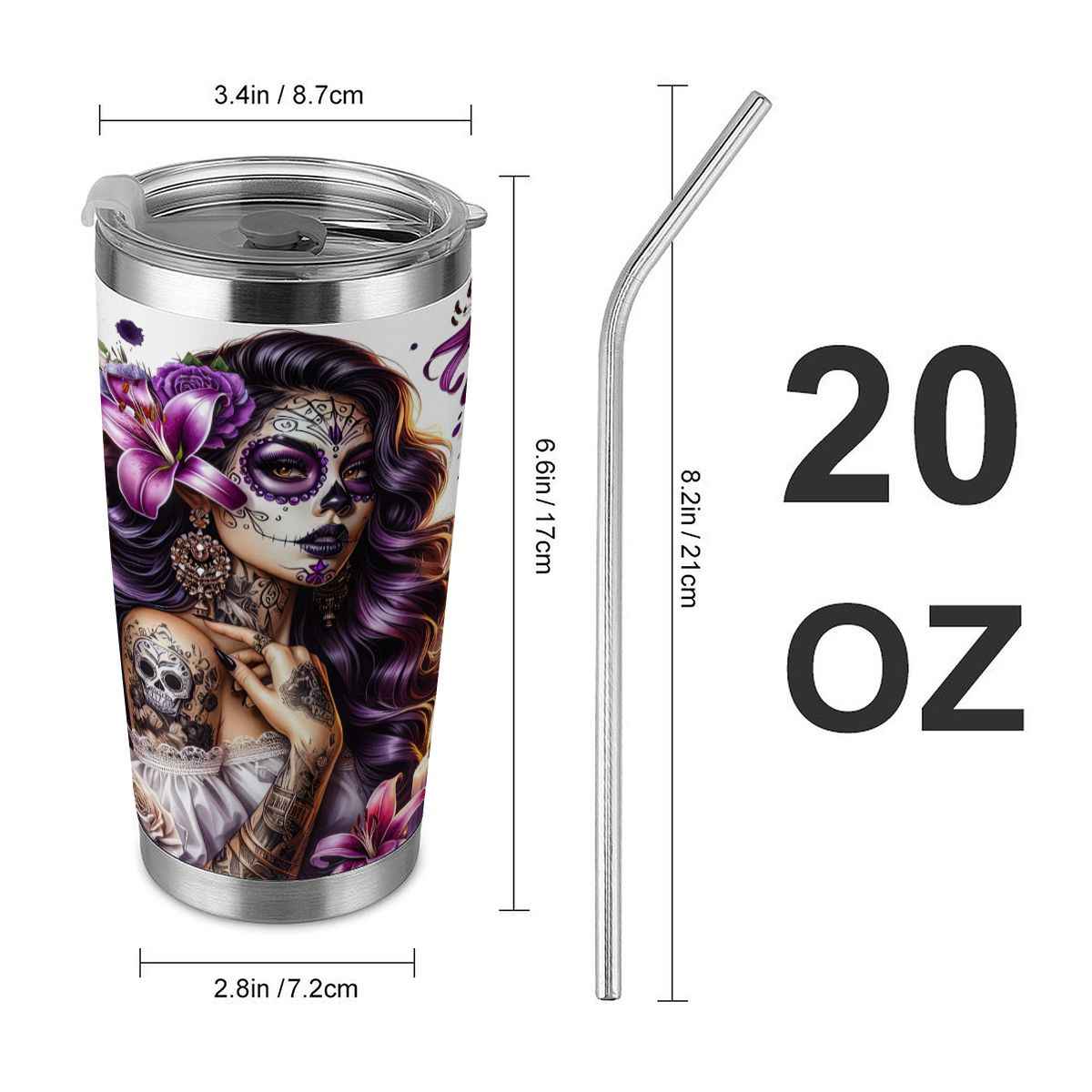 20oz Tumbler with Lid and Straw (Made in USA) Purple Day Of The Dead