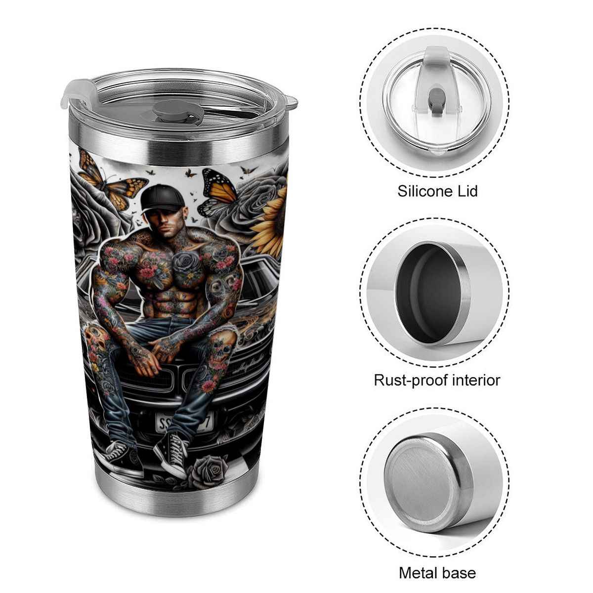 20oz Tumbler with Lid and Straw (Made in USA) tattoo man