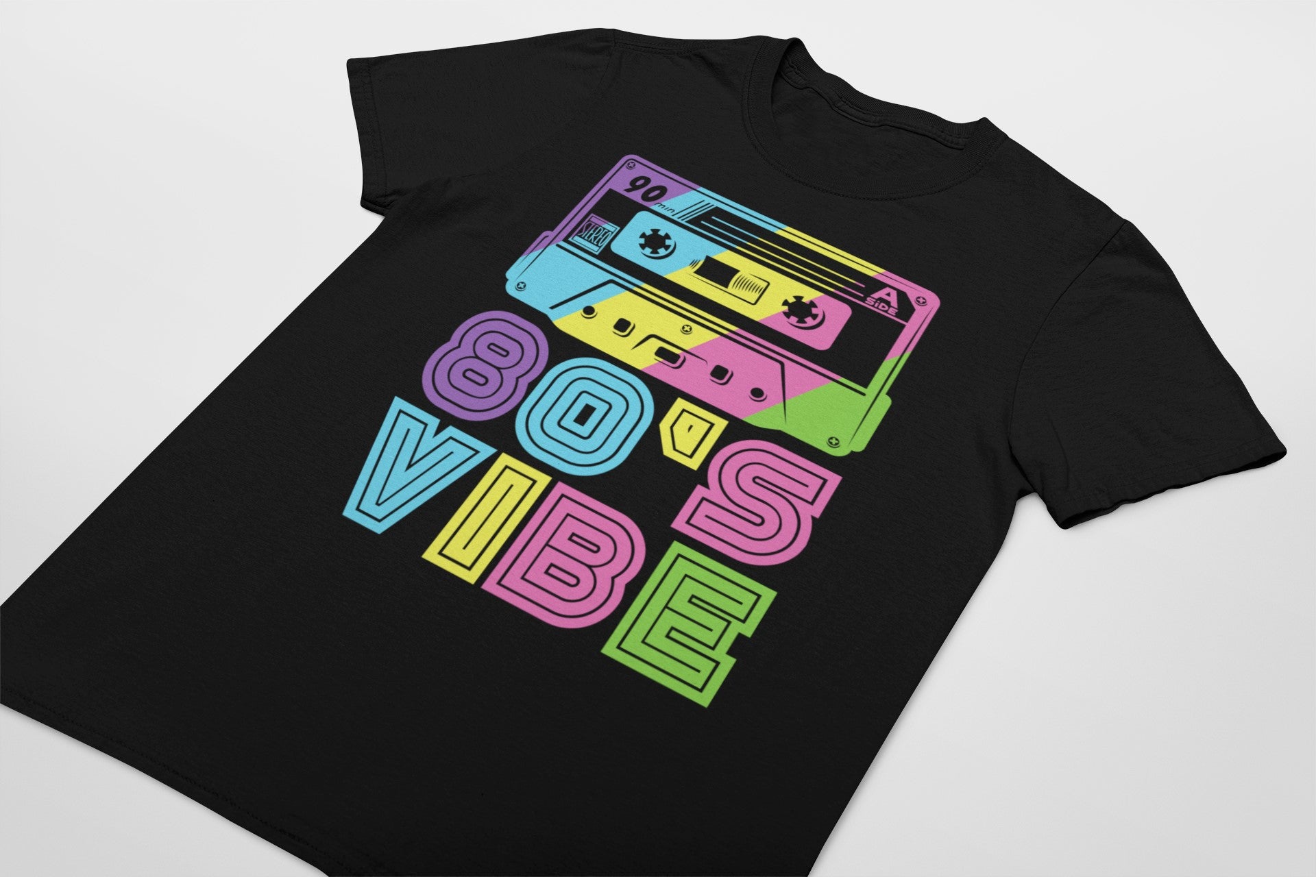 80's Vibe Retro Cassette T-Shirt, Black, Rainbow Graphic Design (US, Alpha, Small, Regular, Regular)