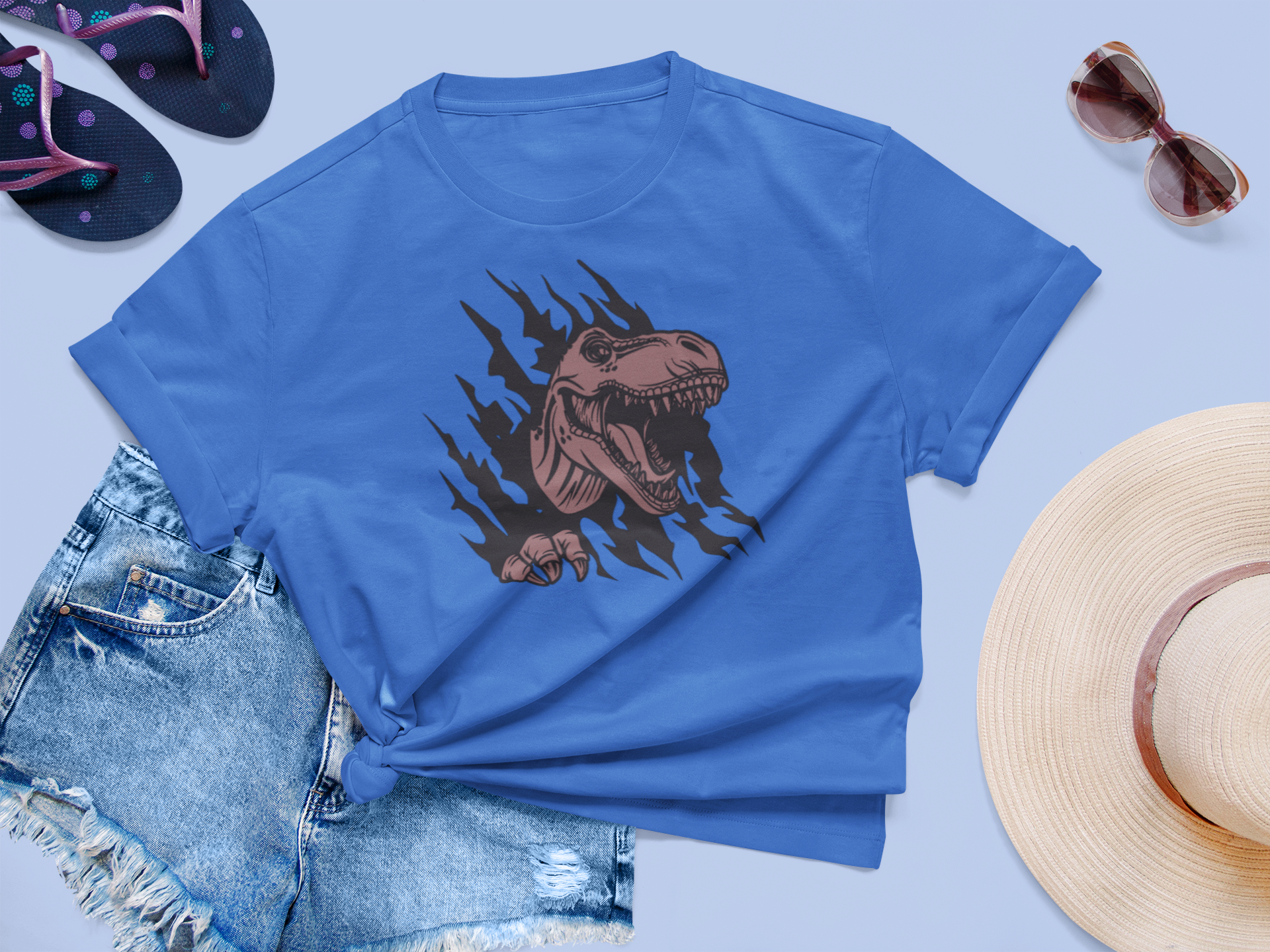 3D T-Rex Breakthrough Graphic T-Shirt, Bright Blue, Short Sleeve, Dinosaur Theme (X-Large)