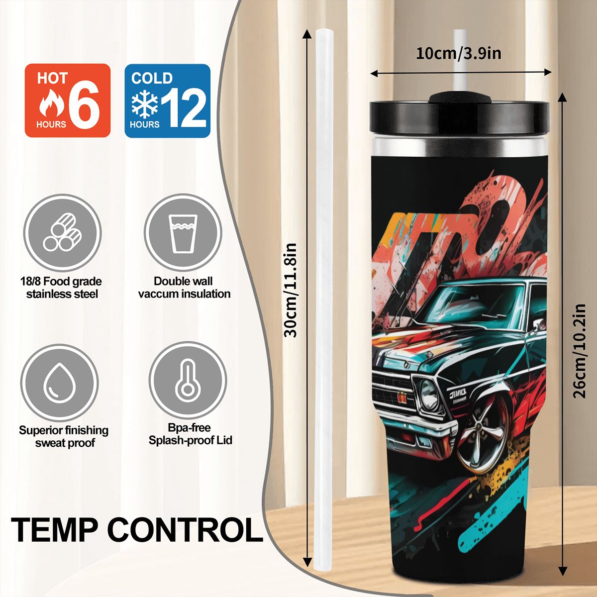 Tumbler with car design and temperature control features on a white background