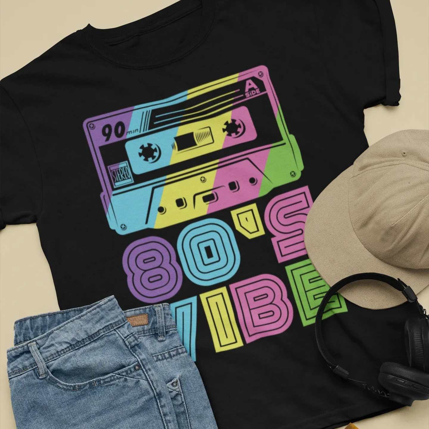 80's Vibe Retro Cassette T-Shirt, Black, Rainbow Graphic Design -- 974721R-15
