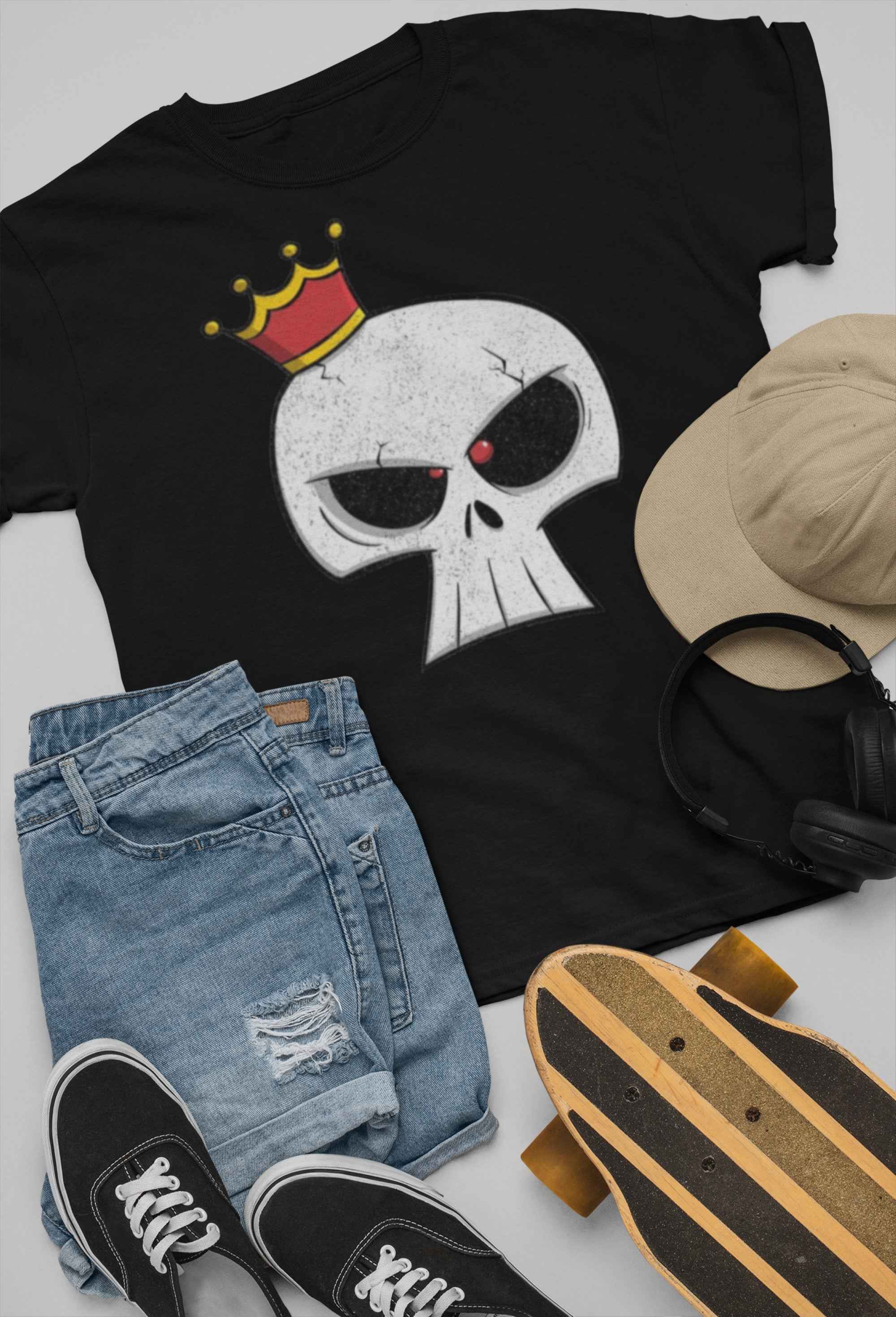 Skull Crown Graphic T-Shirt, Black Cotton, Vintage Style Design