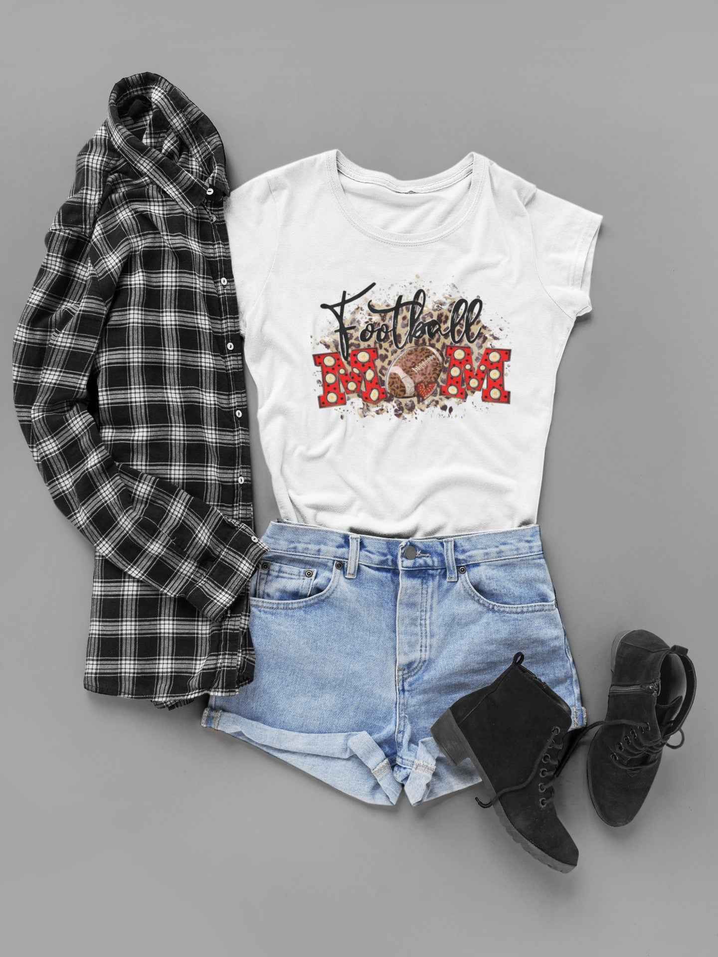 Football Mom T-Shirt, Size L, White Cotton, Polka Dot Design, Leopard Print Accent
