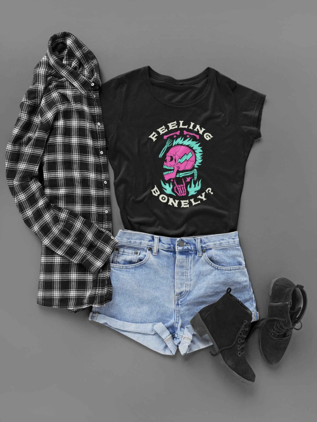 Feeling Bonely Punk Skull T-Shirt, Black, Pink and Turquoise Graphic Design, Size M