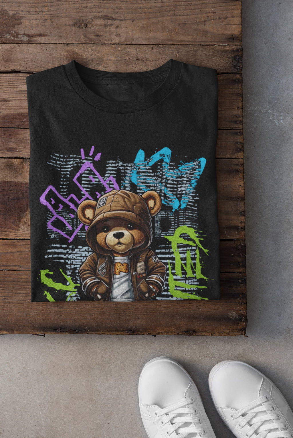 Cool Teddy Graffiti Tee - 'Stay Wild' Front & 'No Time to Be Soft' Back design