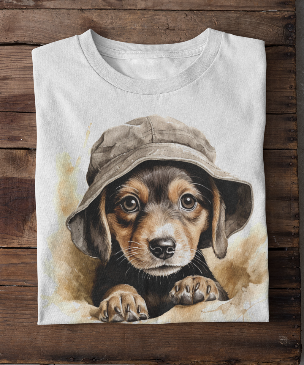 T-shirt with a puppy wearing a hat design on a wooden background