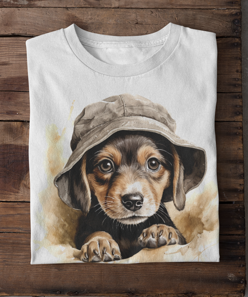 T-shirt with a puppy wearing a hat design on a wooden background