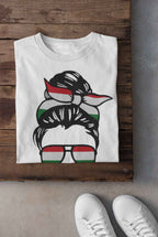 Hungarian Flag Messy Bun Graphic T-Shirt, White Cotton, Sunglasses Design