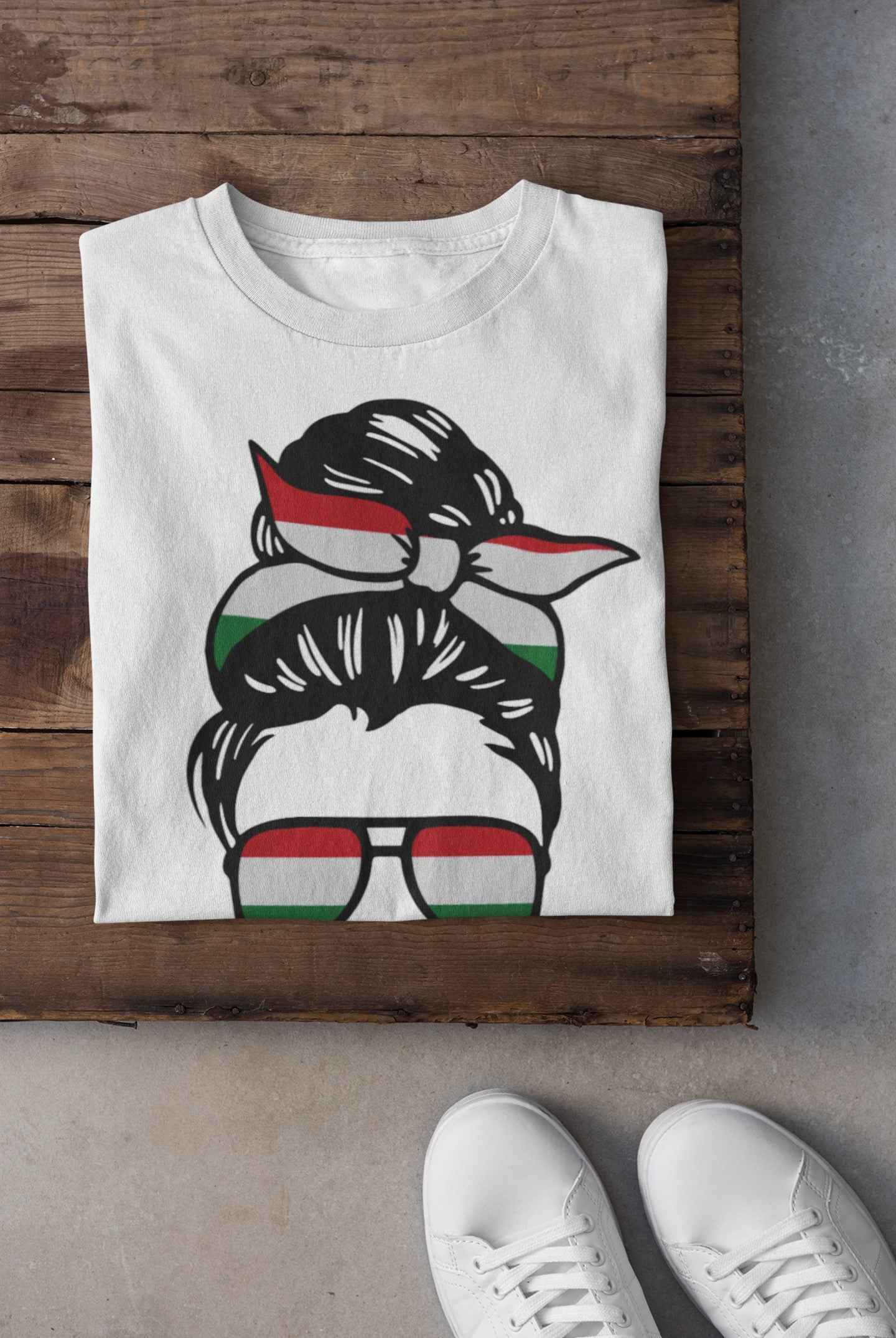 Hungarian Flag Messy Bun Graphic T-Shirt, White Cotton, Sunglasses Design